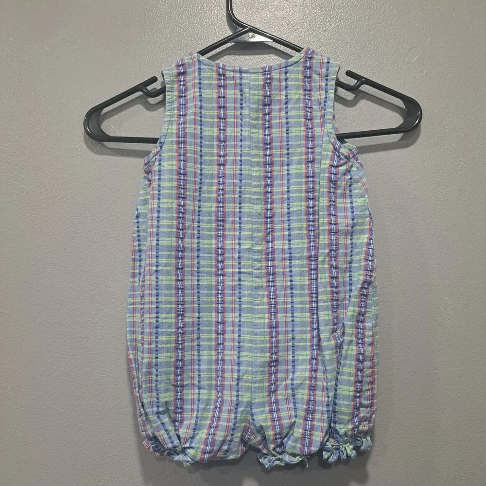 Vintage Old Navy Baby Plaid Seersucker Romper Blue Green 18-24 Months XL‎